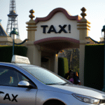 Photographie d'un taxi moderne devant l'entrée principale de Disneyland Paris à Chessy, avec une famille souriante chargeant des bagages, le chauffeur en tenue professionnelle aidant poliment.