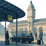 Modern professional editorial illustration of Gare de Lyon station forecourt in Paris with a taxi pickup area, a discreet licensed taxi waiting, travelers with luggage, subtle urban atmosphere, blue and yellow accents, clean composition, realistic lighting, no text, no logo, no watermark