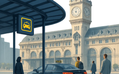 Modern professional editorial illustration of Gare de Lyon station forecourt in Paris with a taxi pickup area, a discreet licensed taxi waiting, travelers with luggage, subtle urban atmosphere, blue and yellow accents, clean composition, realistic lighting, no text, no logo, no watermark