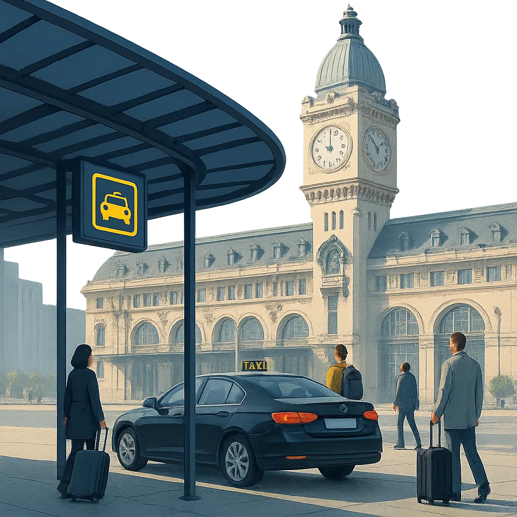 Modern professional editorial illustration of Gare de Lyon station forecourt in Paris with a taxi pickup area, a discreet licensed taxi waiting, travelers with luggage, subtle urban atmosphere, blue and yellow accents, clean composition, realistic lighting, no text, no logo, no watermark