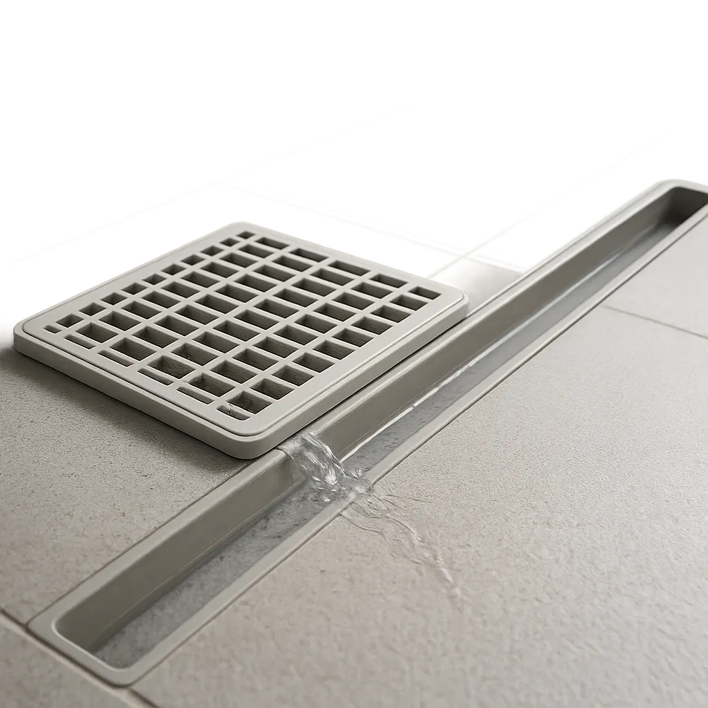 Illustration d’une grille en plastique qui retient les débris avant la canalisation. Une scène claire et moderne pour montrer son rôle ضد bouchons et mauvaises odeurs.