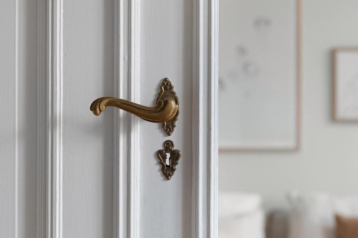 Une porte intérieure en bois avec sa poignée